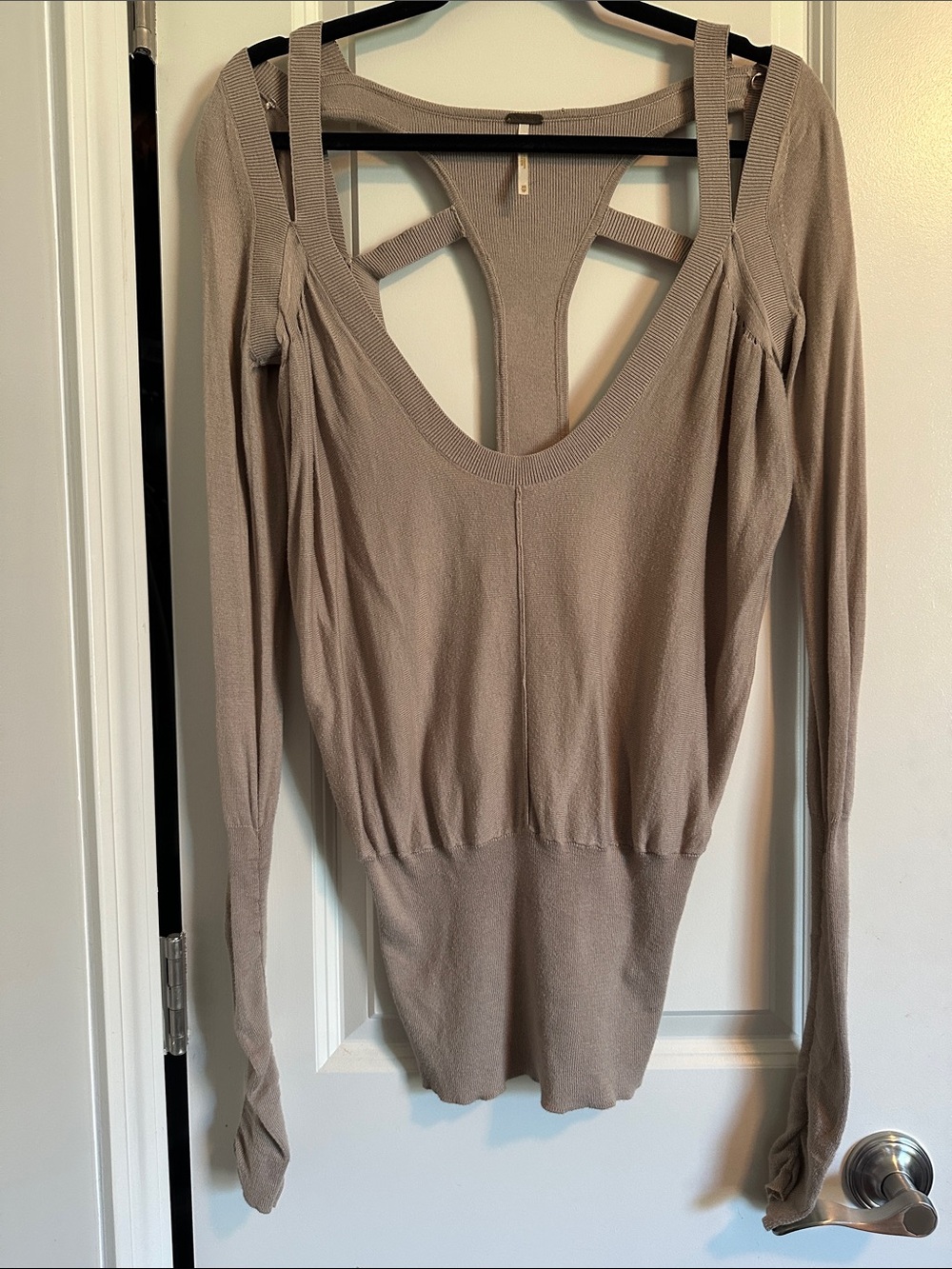 Free people. Women’s Taupe Long-Sleeve Knit Top with Strappy Back